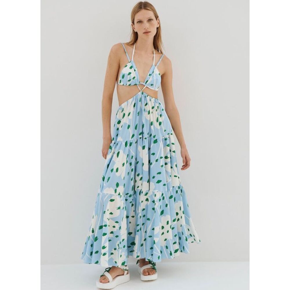 NWT Monse Floral Bra Detail Open Back Strappy Tiered Maxi Dress Blue Multi Sz 4